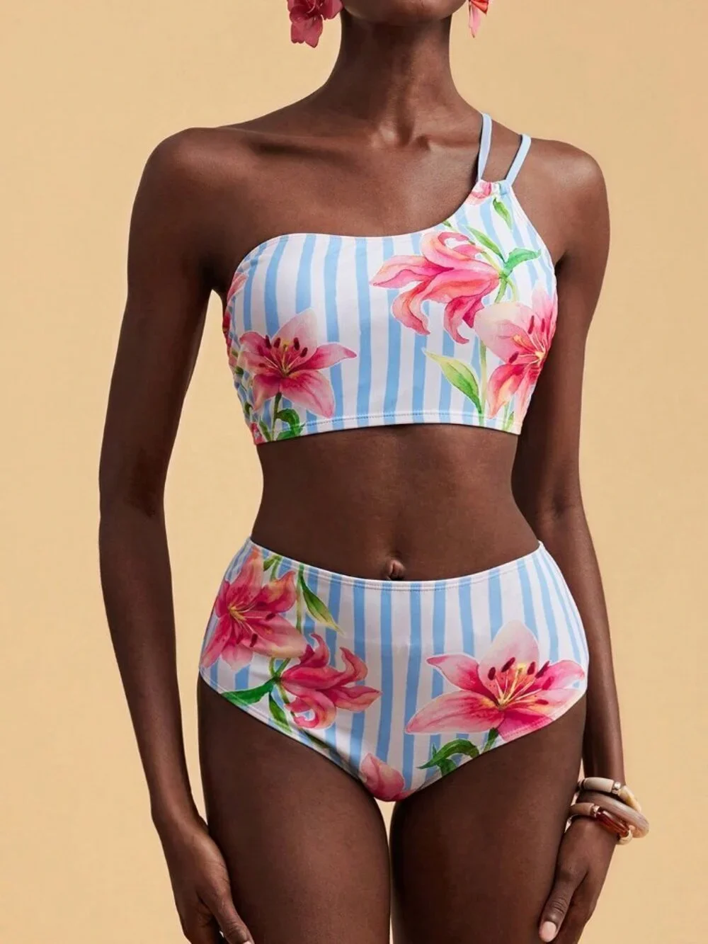 Multicolor Casual Floral Striped Women's bikini Set